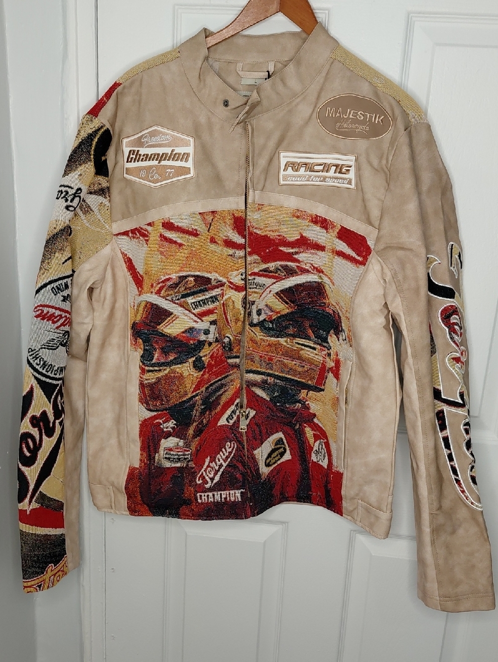 Beige Racing Graphic Leather Jacket